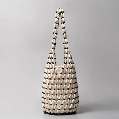 High Fashion Hollow-out Wooden Bead Woven Tote Bag / Female Shoulder Bag Reticulate Netted Canvas Handbag