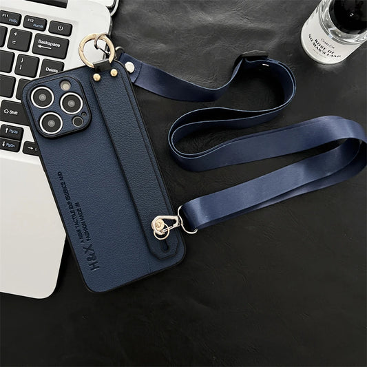 Luxury Litchi Leather Phone Case with Wrist Strap, Stand, and Crossbody Cord for iPhone