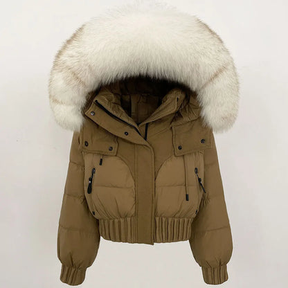 Short Hooded Down Coat with Real Raccoon Fox Fur Collar Warm and Casual