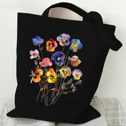 Boho Wildflowers Pattern Canvas Tote Bag – Retro Graphics Återanvändbar shoppingväska för kvinnor, snygg handväska i tyg för dagligt bruk