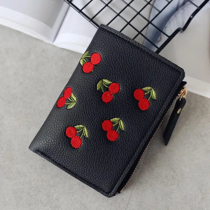 Women Vertical Buckle Cherry Embroidered Small Short Wallet – Simple Wallet, Girls Zipper Purse.