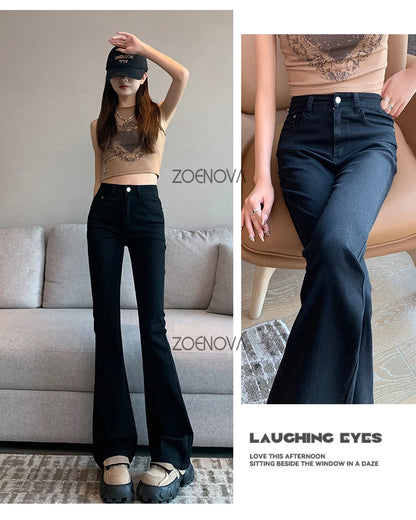 ZOENOVA Harajuku Street Casual Simple Solid Color Women's Jeans 2024 New Fashion Lady High Waist Slim VersatileMicro Flare Pants