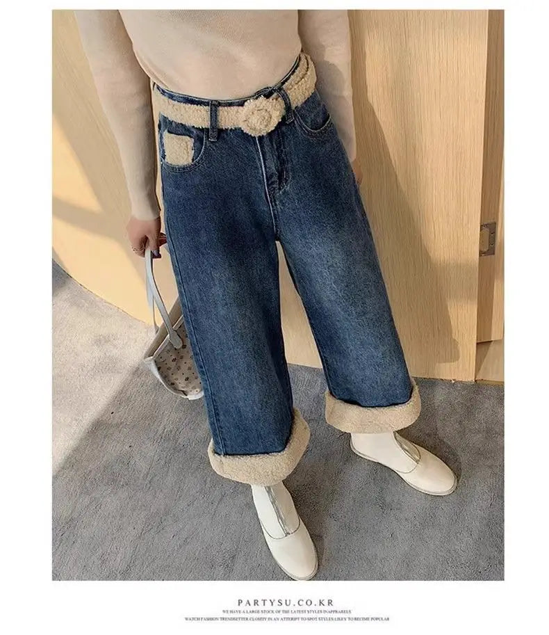 Lamb Wool Wide Leg Jeans for Women Fluffy Autumn and Winter New Styles Internet Famous Outfit Cropped Straight Leg Pants Trendy