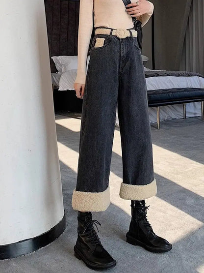 Lamb Wool Wide Leg Jeans for Women Fluffy Autumn and Winter New Styles Internet Famous Outfit Cropped Straight Leg Pants Trendy