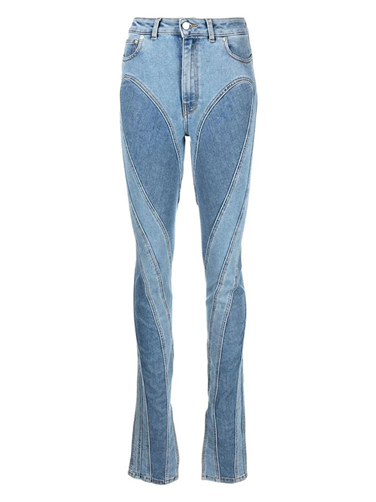 DEAT Mode damjeans Slim Deconstruct Panel Patchwork Hög midja Split Blå Långa jeansbyxor våren 2025 Nyhet 1DF2575