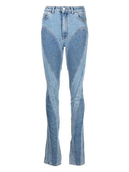 DEAT Mode damjeans Slim Deconstruct Panel Patchwork Hög midja Split Blå Långa jeansbyxor våren 2025 Nyhet 1DF2575