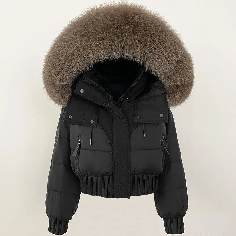 Short Hooded Down Coat with Real Raccoon Fox Fur Collar Warm and Casual