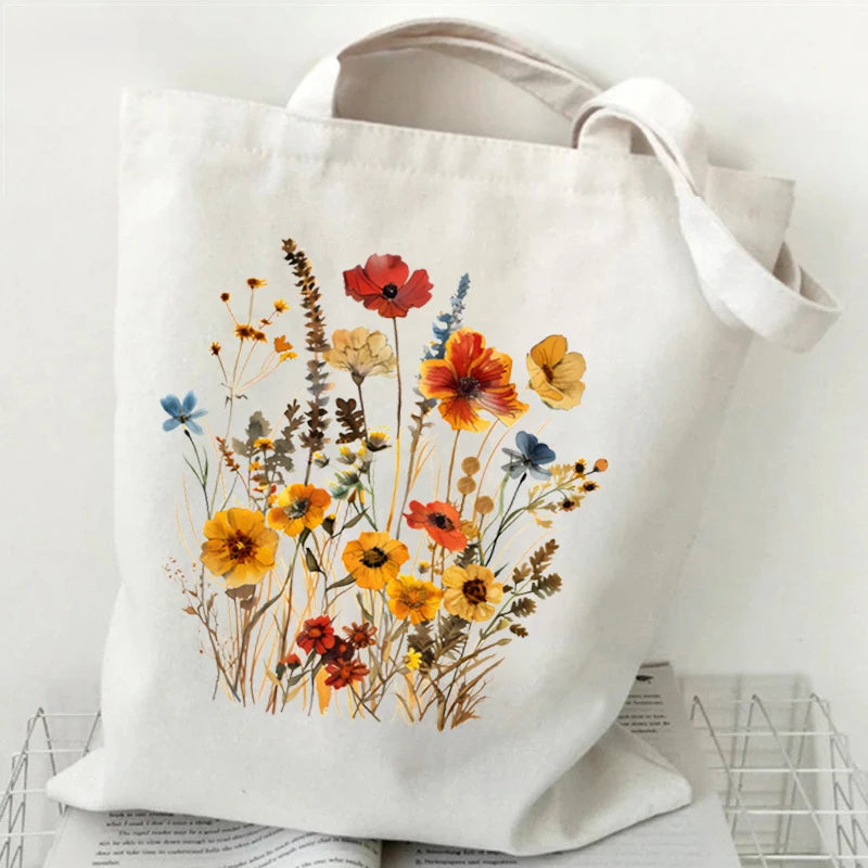 Boho Wildflowers Pattern Canvas Tote Bag – Retro Graphics Reusable Shopper Bag for Women, Stylish Cloth Handbag for Everyday Use