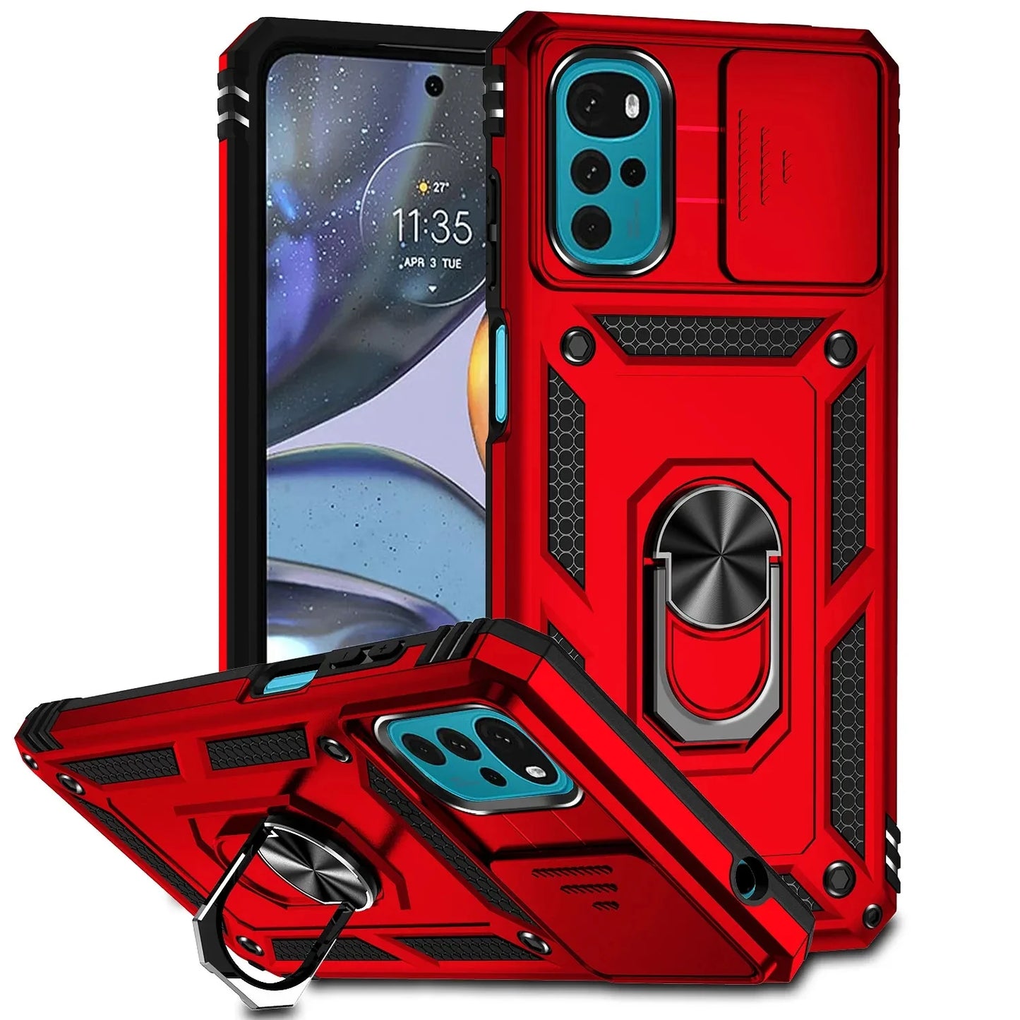 Armor Shockproof Case For Motorola: Ring Holder, Slide Window, Lens Protection Phone Cover