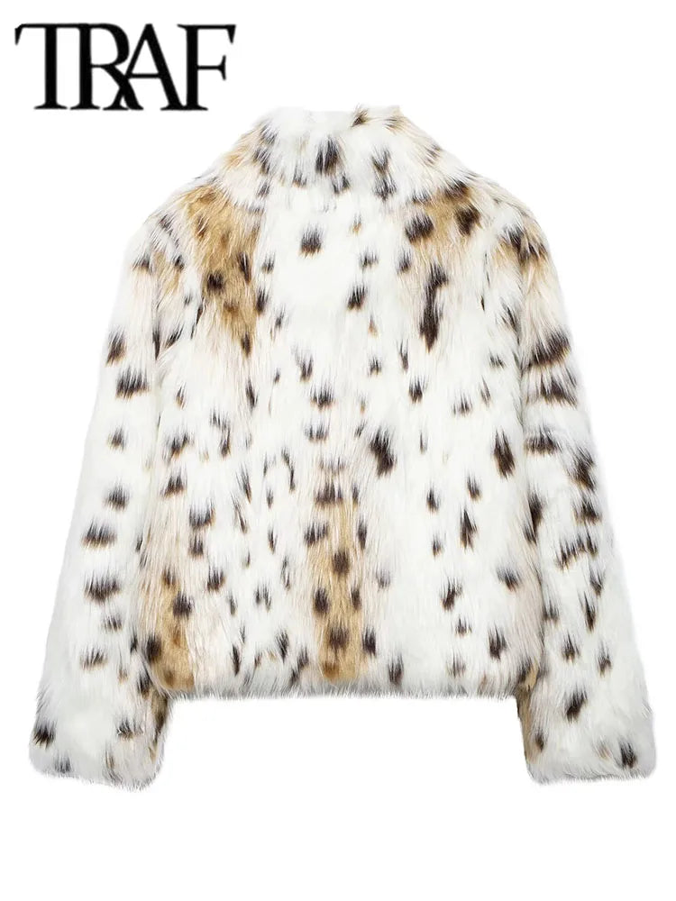 Elegant Printed Faux Fur Coat Long Sleeve Fluffy and Warm