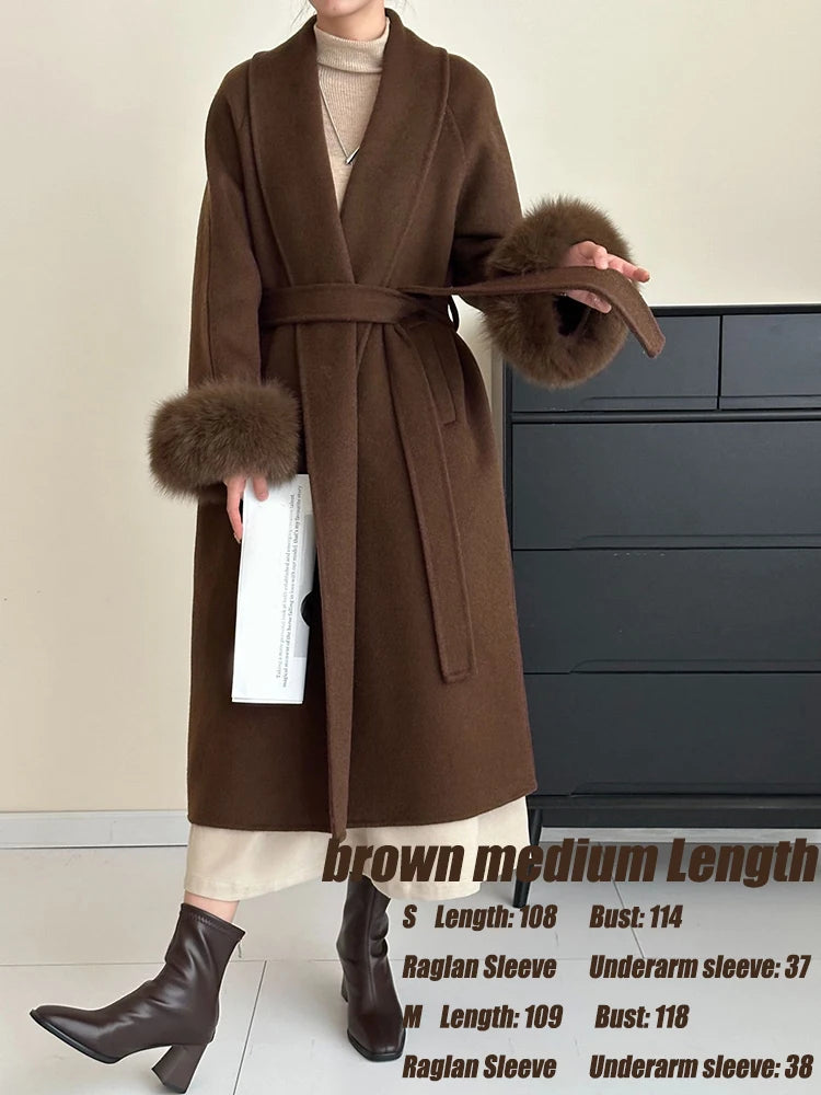 Wine Red Woolen Coat with Fur Cuffs and Belted Design