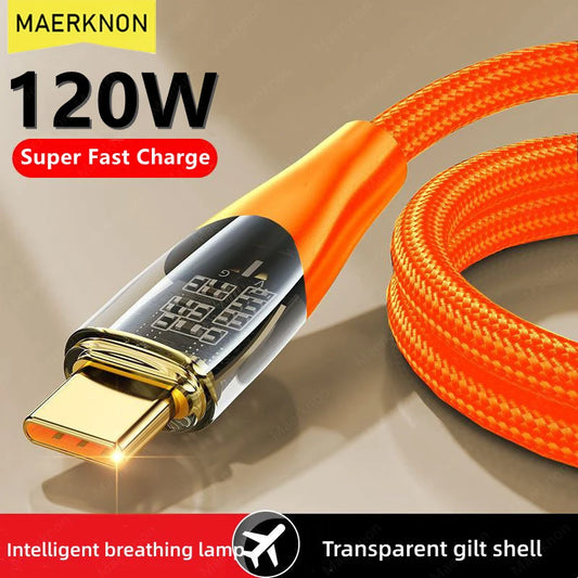 120W 6A USB C-kabel Supersnabbladdningskablar Telefonladdarkabel för Huawei P40 Samsung Xiaomi Snabbladdning USB Type C-datasladd