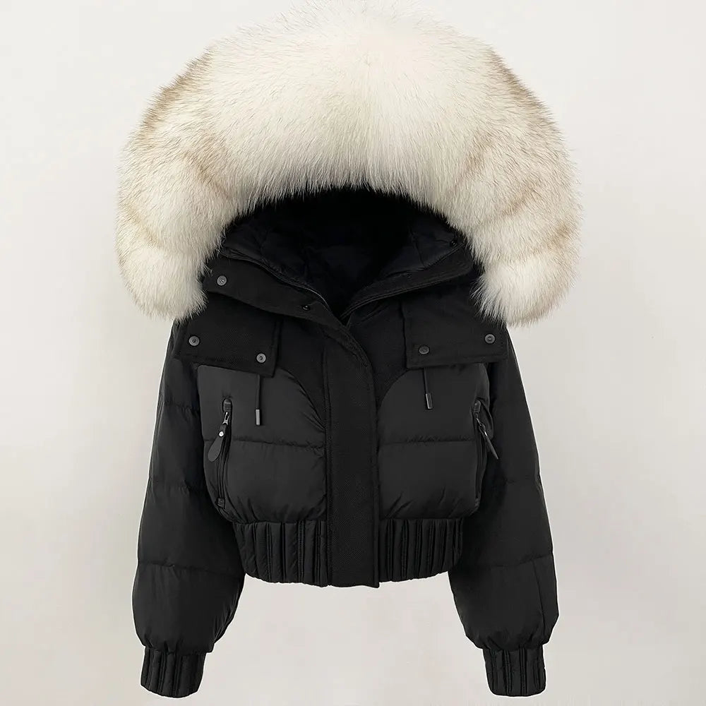 Short Hooded Down Coat with Real Raccoon Fox Fur Collar Warm and Casual