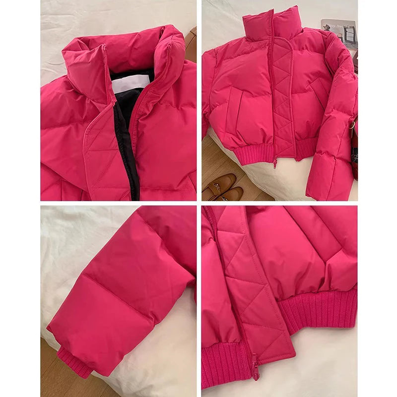 Women's Red Cotton Padded Jacket with Mock Neck and Zipper