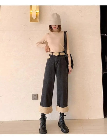 Lamb Wool Wide Leg Jeans for Women Fluffy Autumn and Winter New Styles Internet Famous Outfit Cropped Straight Leg Pants Trendy