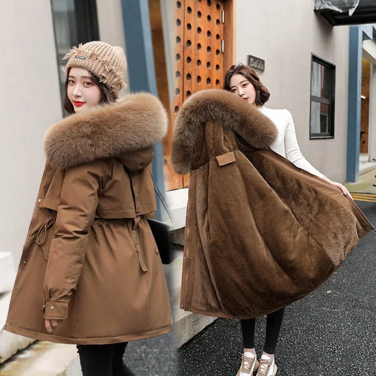 Hooded Long Parka with Wool Liner and Fur Collar Slim and Warm