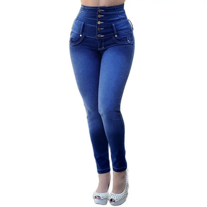 High Waist Skinny Jeans with Button Detail and Push Up Fit