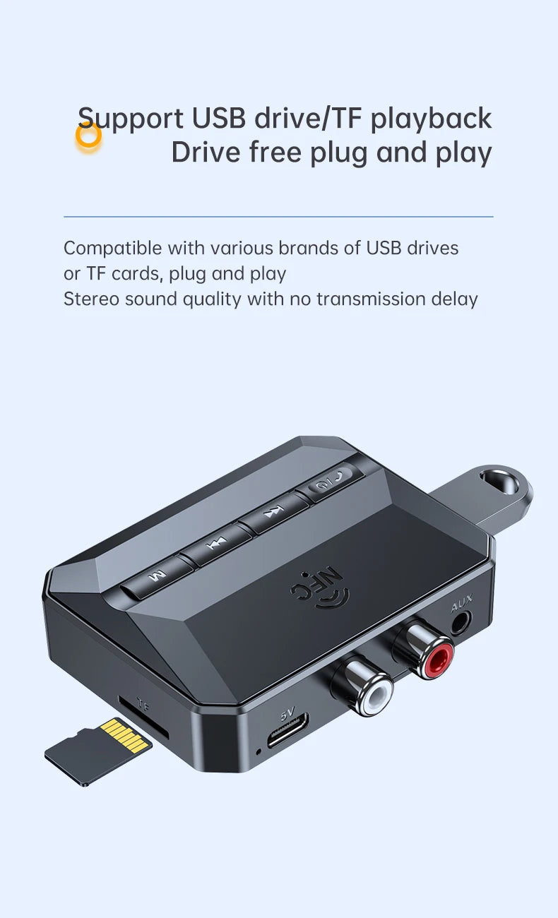 NFC Bluetooth 5.3 Audio Receiver 3.5mm AUX RCA USB U-Disk/TF HIFI Stereo Music Wireless Adapter With Mic For Car Kit Speaker Amp