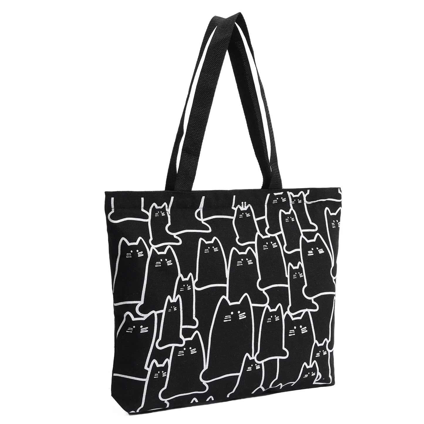 Canvas Handbag for Women – Fashion Cute Cat Tote Messenger Bags with Zipper, Designer Bag, Ladies Cartoon Shoulder Shopper Bags.