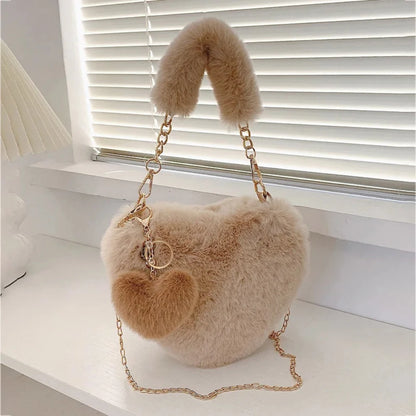 Faux Fur Heart-shaped Women Small Handbags – Fluffy Plush Ladies Chain Shoulder Bag, Fashion Female Furry Daily Clutch Purse.