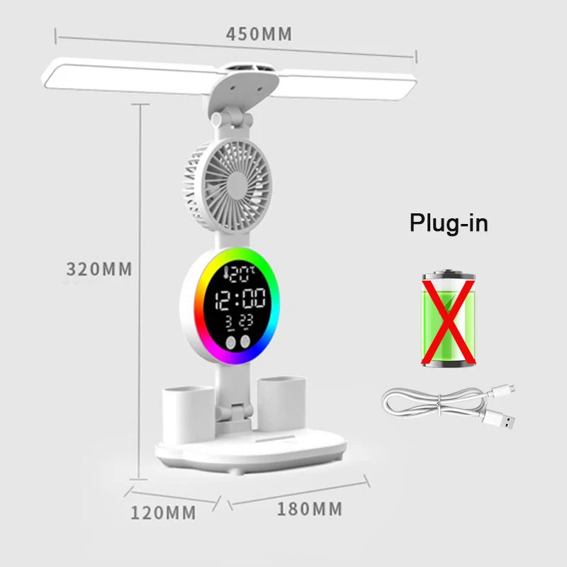 Uppladdningsbar LED-bordslampa med fläkt – Skrivbordsläslampa, nattlampa och klockdisplay