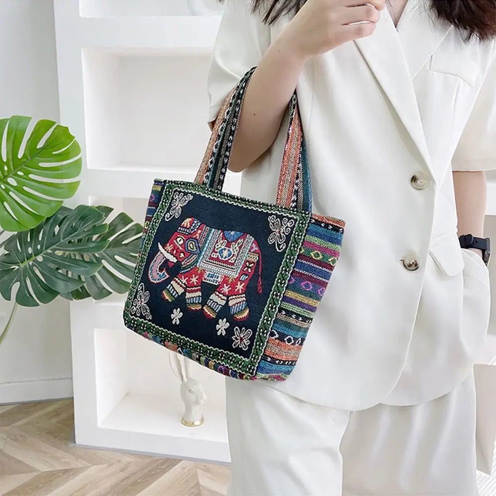 Fashion Women's Canvas Handbag - Animal Ethnic Style Embroidered Tote Bag with Elephant, Peacock, and Rabbit Designs