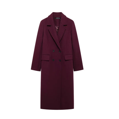 Elegant Burgundy Woolen Coat with Turn Down Collar and Double Breasted Design