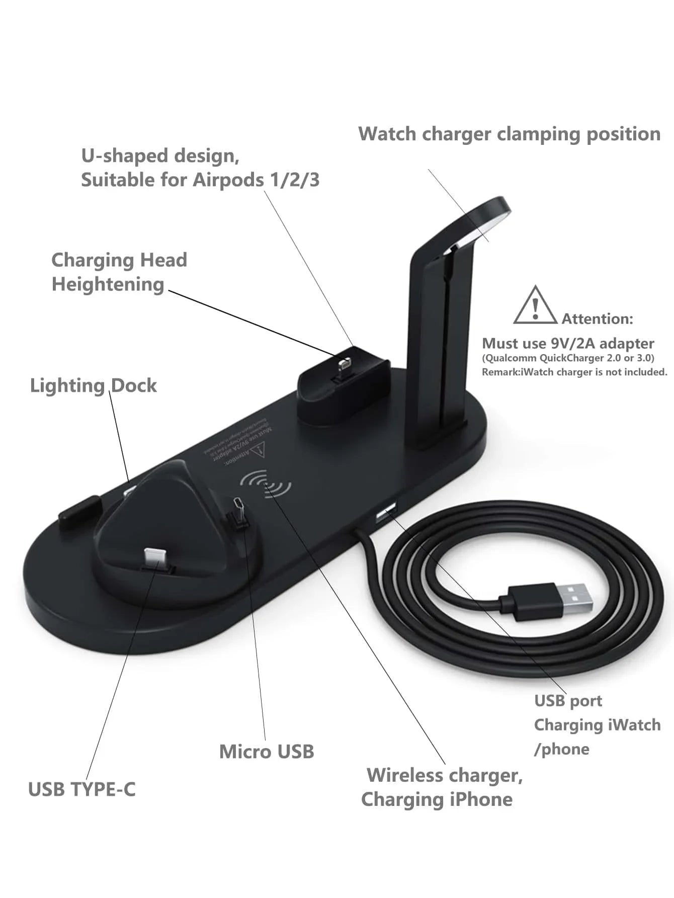 7-i-1 trådlös laddare för iPhone 15 14 13 12 11 X Apple Watch Airpods Bordstelefonladdare Snabbladdningsdockningsstation