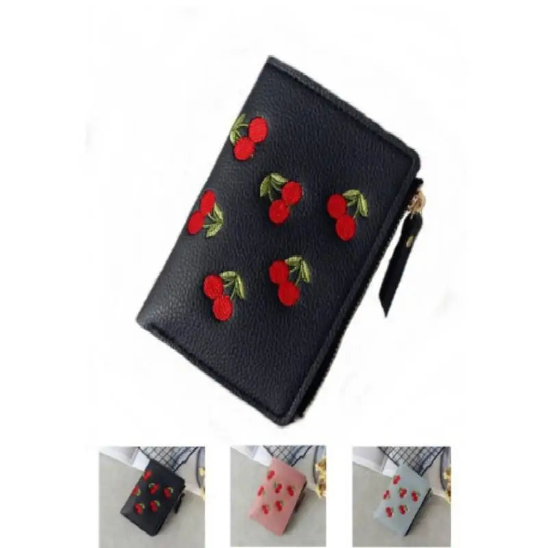 Women Vertical Buckle Cherry Embroidered Small Short Wallet – Simple Wallet, Girls Zipper Purse.