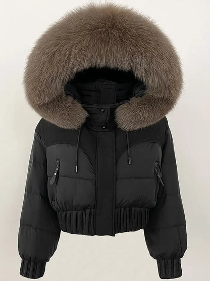 Short Hooded Down Coat with Real Raccoon Fox Fur Collar Warm and Casual