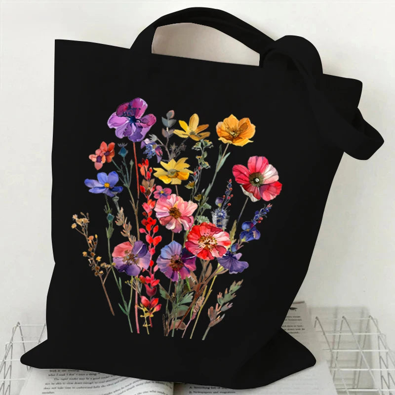 Boho Wildflowers Pattern Canvas Tote Bag – Retro Graphics Reusable Shopper Bag for Women, Stylish Cloth Handbag for Everyday Use