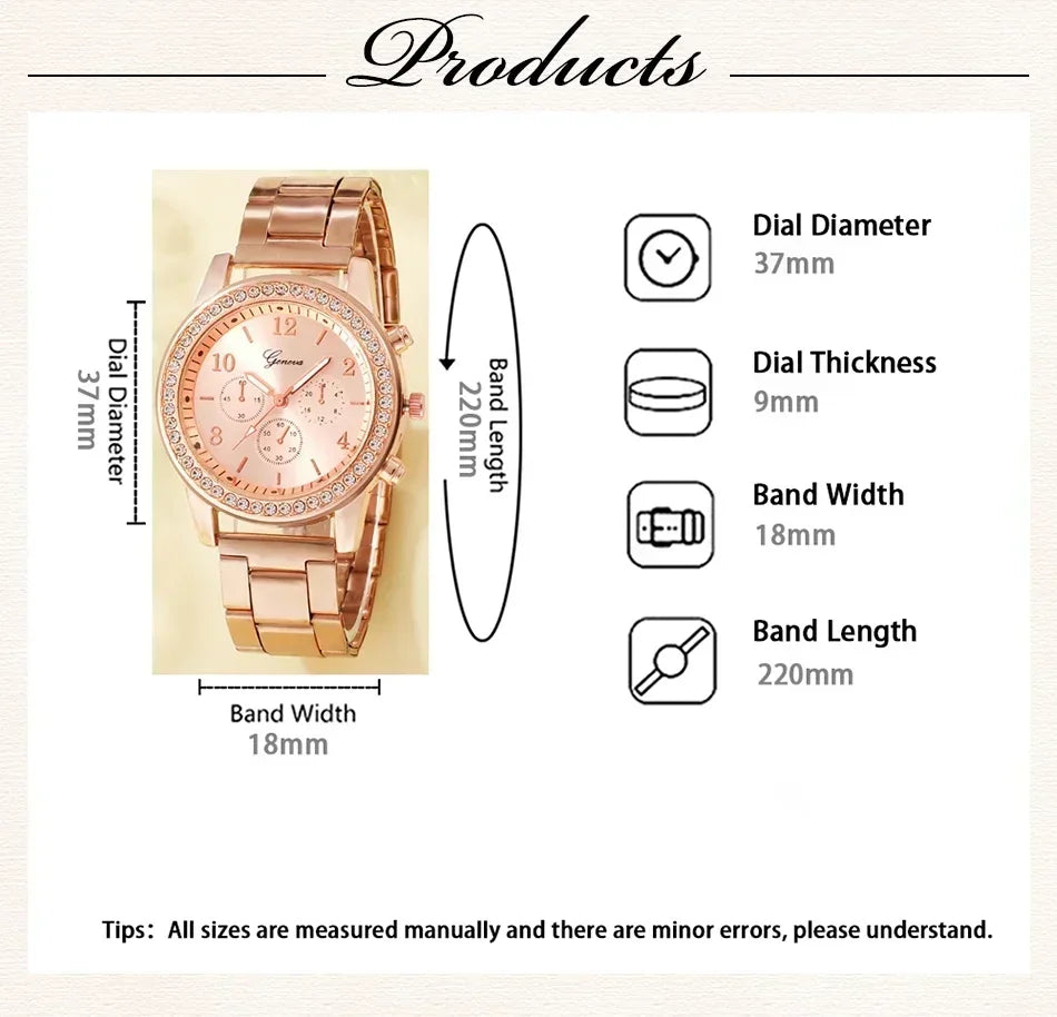 6st set Rose Gold Luxury Watch Dam Ring Halsband Örhänge Strass Mode Armbandsur Casual Dam Armband Klockor