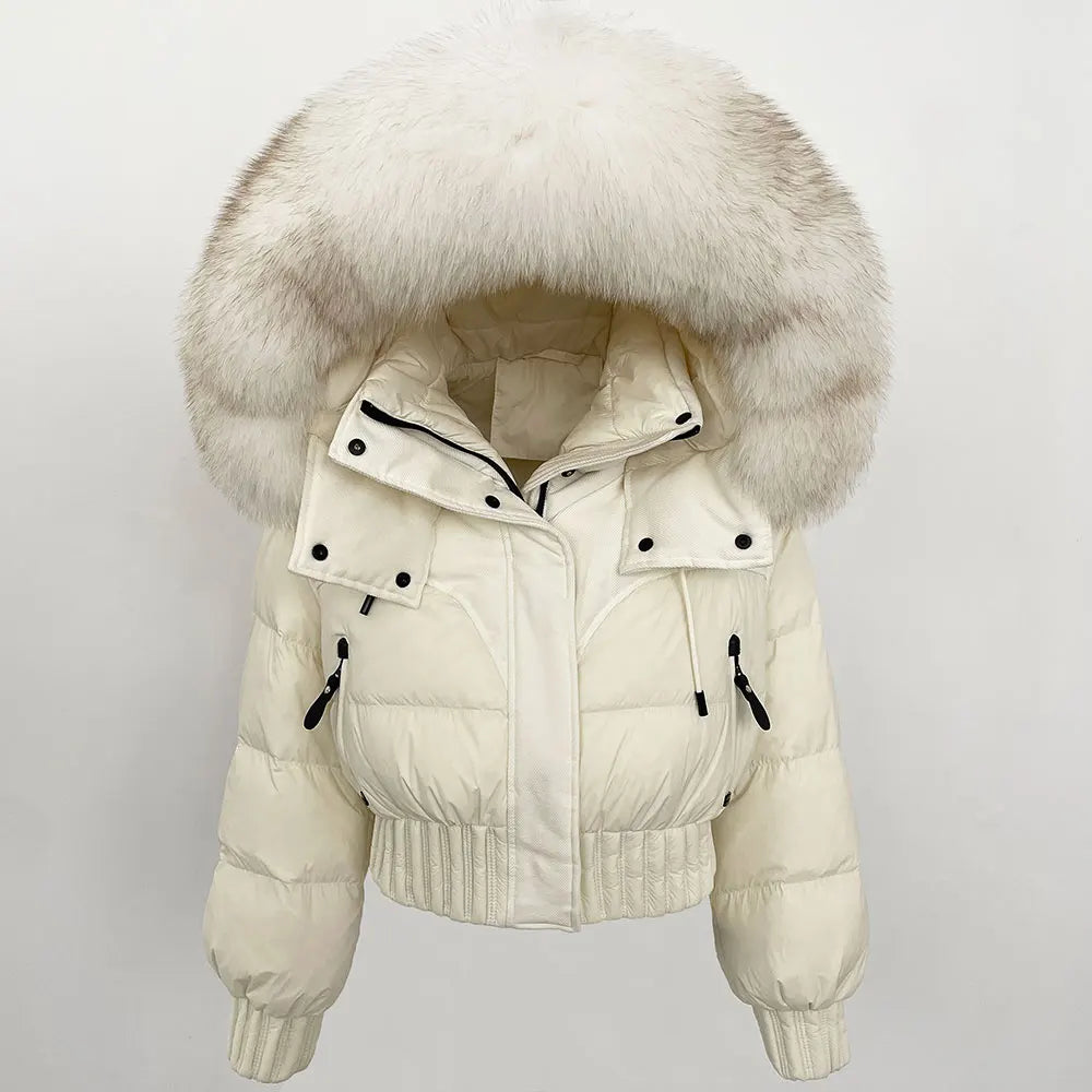 Short Hooded Down Coat with Real Raccoon Fox Fur Collar Warm and Casual