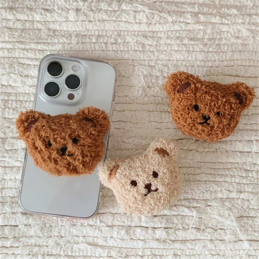 Korean Cute Warm Fluffy Bear Plush Griptok Bracket for IPhone 16 Plus Universal Phone Holder Finger Ring Support Stand Grip Tok