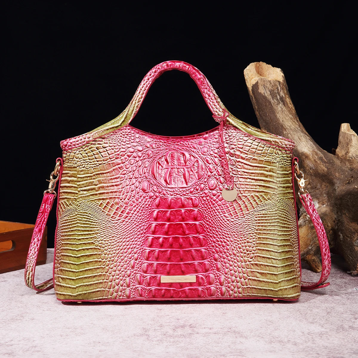 Genuine Leather Handbag – High-End Retro Women's Bag with Crocodile Pattern and Solid Color Design