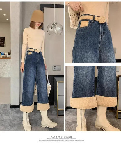 Lamb Wool Wide Leg Jeans for Women Fluffy Autumn and Winter New Styles Internet Famous Outfit Cropped Straight Leg Pants Trendy