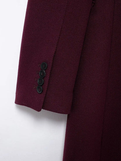 Elegant Burgundy Woolen Coat with Turn Down Collar and Double Breasted Design