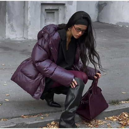 Burgundy Down Jacket with Stand Collar and Pockets Elegant and Warm