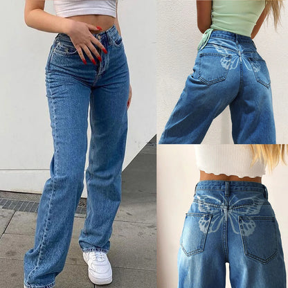 High Waist Wide Leg Denim Pants with Butterfly Design and Streetwear Style