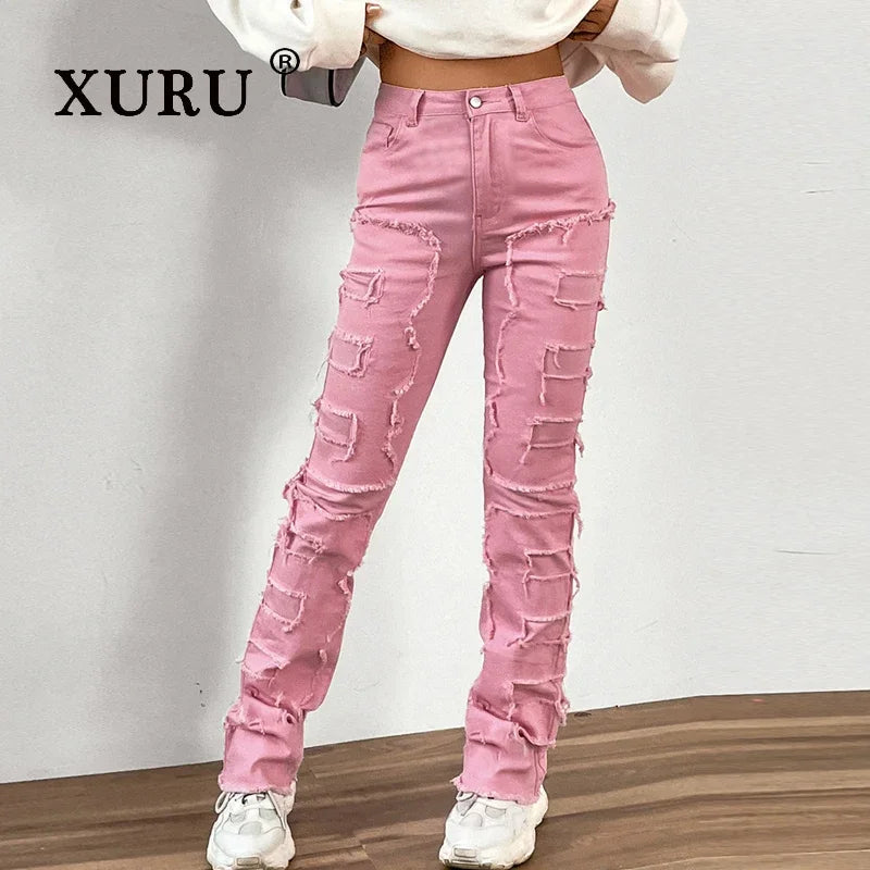 XURU-Elastic Patch Jeans for Women, Tear Layered, Straight Leg, European and American Wear, K16-CK3018, New