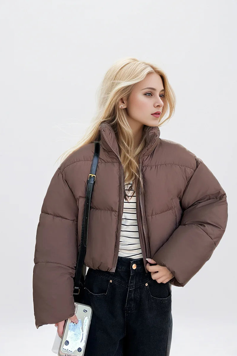 Women's Cropped Puffer Jacket with Stand Collar