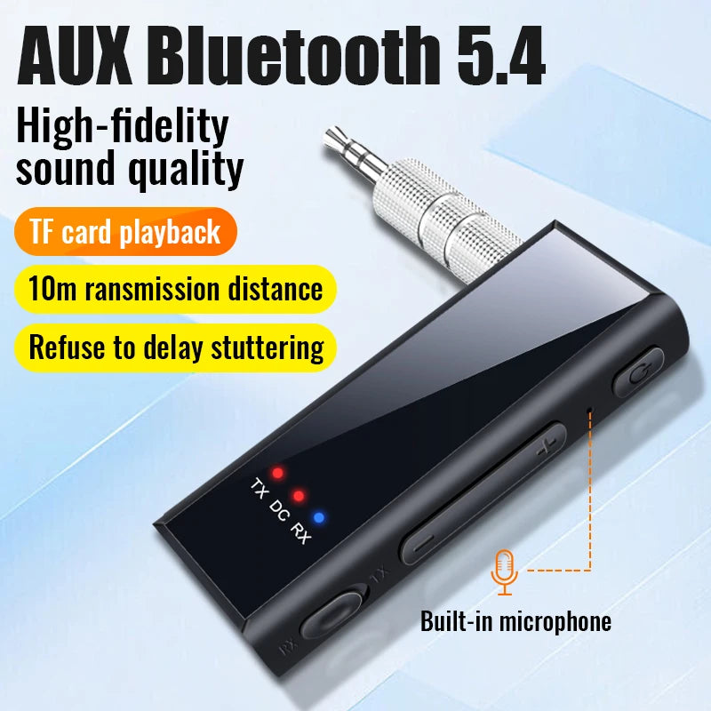 New Bluetooth 5.4 Audio Transmitter Receiver 3.5MM AUX Stereo Music Wireless Adapter With Mic Support TF Card Play For Car TV PC