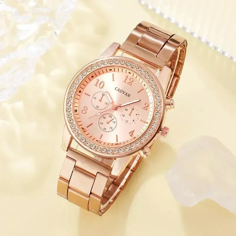 6st set Rose Gold Luxury Watch Dam Ring Halsband Örhänge Strass Mode Armbandsur Casual Dam Armband Klockor