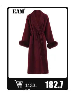 Wine Red Woolen Coat with Fur Cuffs and Belted Design