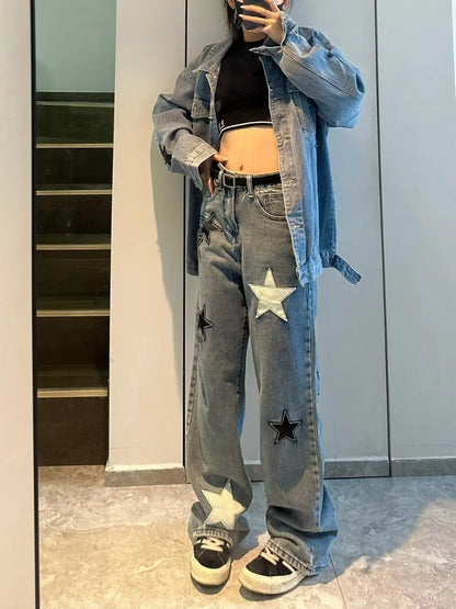 Star Print High Waist Jeans American Retro High Street Straight-leg Pants Patchwork Long Trousers Y2k Fashion Streetwear Baggy