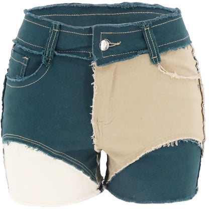 Jeans Women Straight green short Patchwork