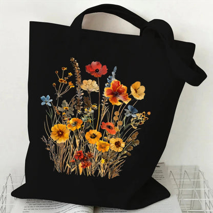 Boho Wildflowers Pattern Canvas Tote Bag – Retro Graphics Reusable Shopper Bag for Women, Stylish Cloth Handbag for Everyday Use