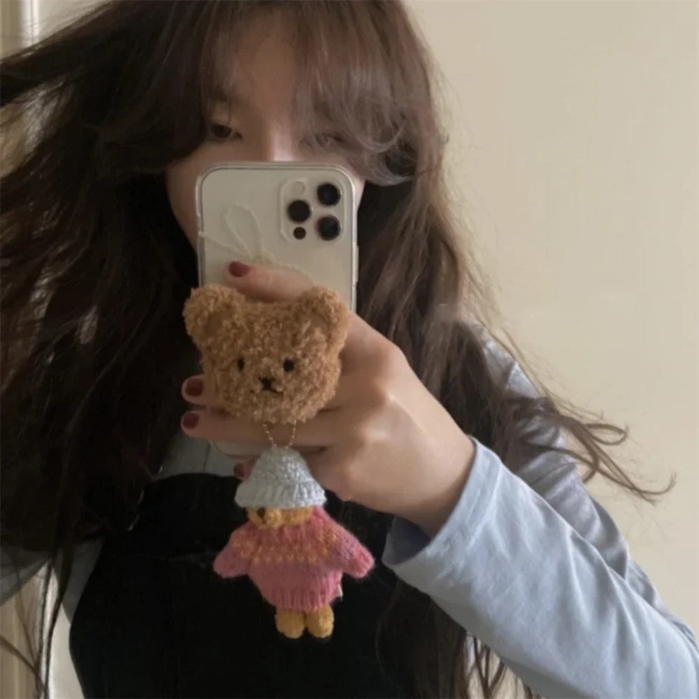 Korean Cute Warm Fluffy Bear Plysch Griptok-fäste för IPhone 16 Plus Universal Telefonhållare Finger Ring Support Stand Grip Tok