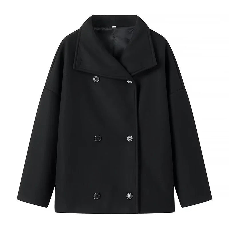 Retro Double-Breasted Short Woolen Coat with Lapel and Pockets