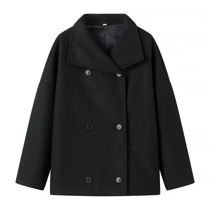 Retro Double-Breasted Short Woolen Coat with Lapel and Pockets